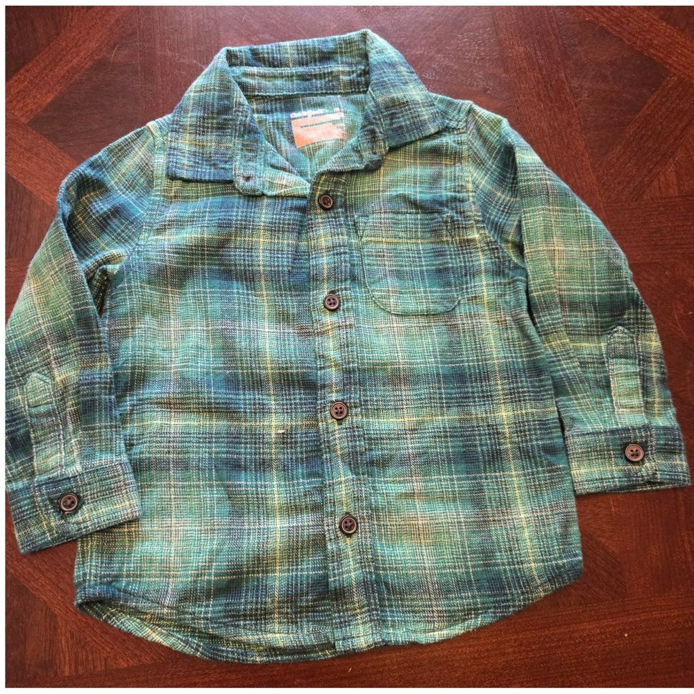 Cat & Jack Boys Green Blue Plaid Flannel Button Down Shirt Toddler 2T LongSleeve